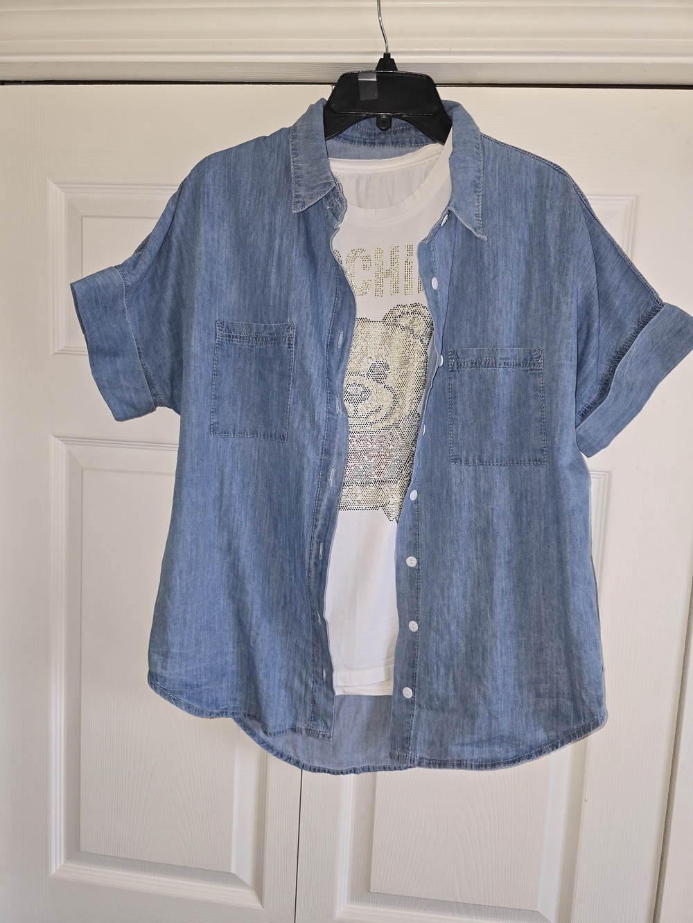 Teddy Bear Embellished Tee With Light Wash Chambray Button-Up Shirt